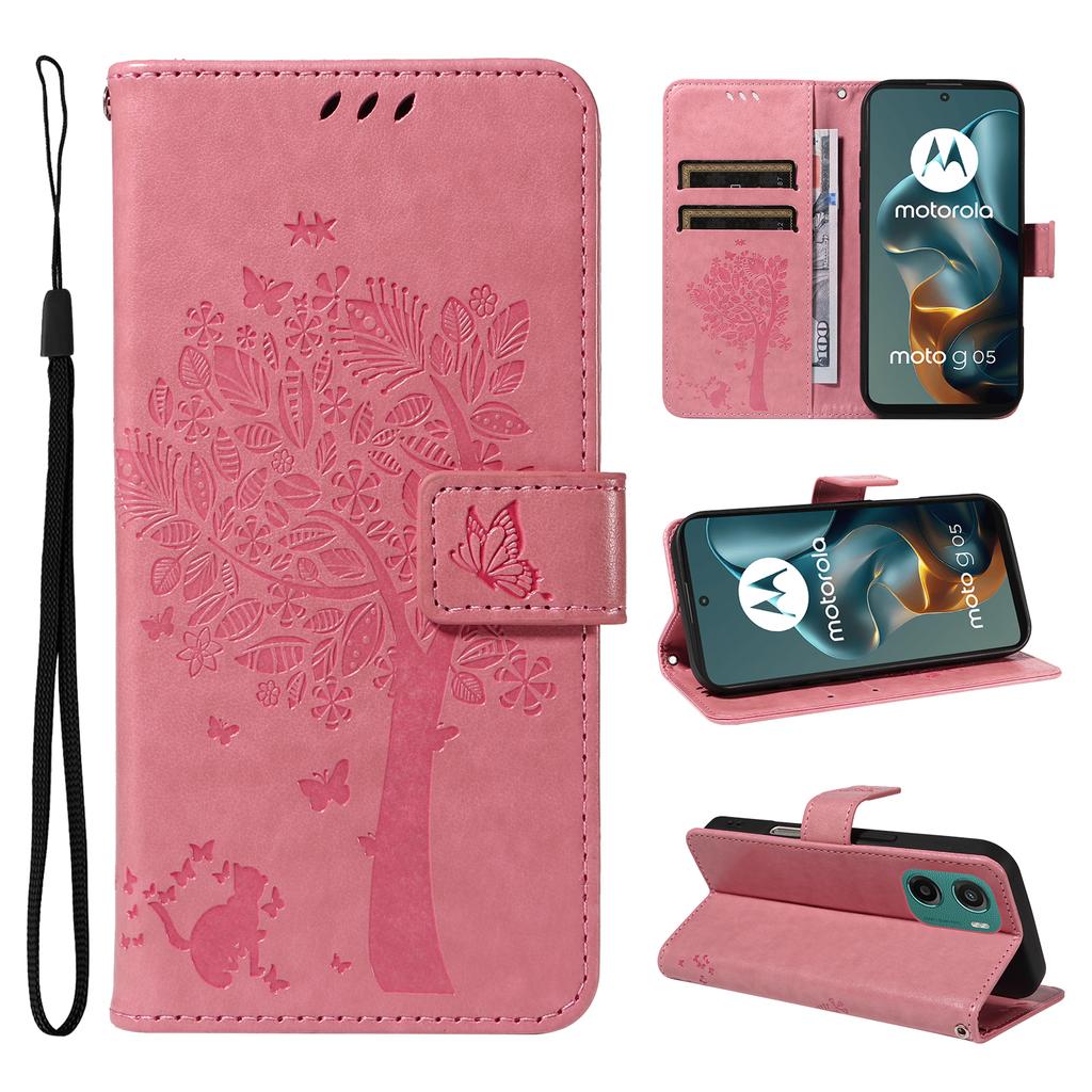For Motorola Moto G05 4G Phone Case with Stand Cat Tree Pattern Leather Wallet Mobile Cover