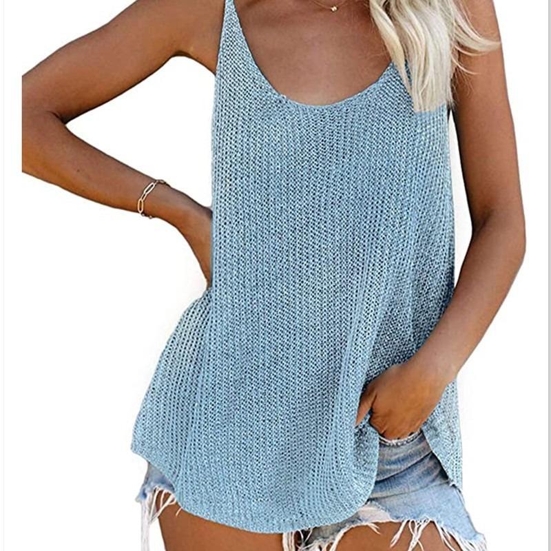 Women Loose Striped Color Block Round Neck Sleeveless Knit Tank Top