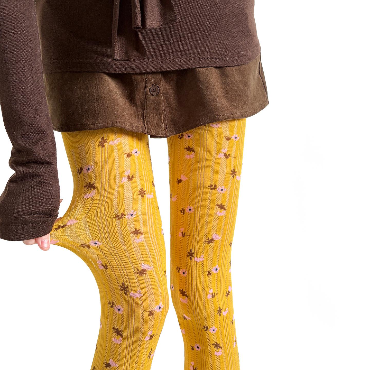 Floral Printed Pantyhose Women Tights Retro Vertical Pattern Flower Jacquard Pantyhose Lingerie Hosiery Body Stockings Pantyhose One Size жёлтый