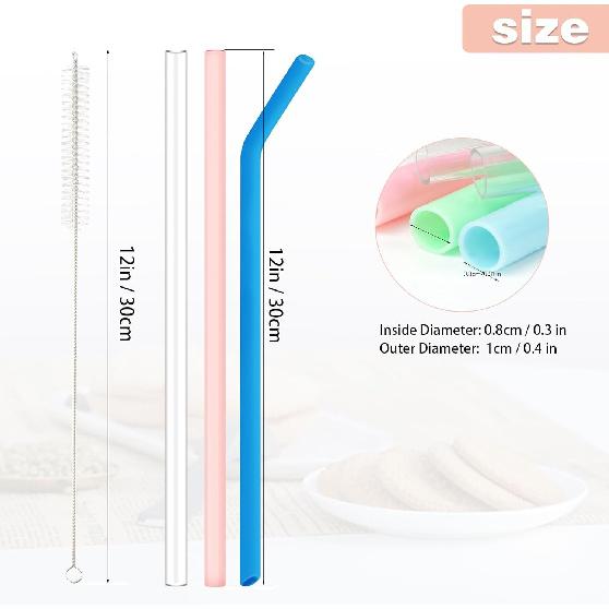8 Pack Replacement Straws for Stanley Cup 40 Oz 30oz Tumbler, 12 Inch Long 0.4" Wide Reble Silicone Straw For Yeti/Simple Modern With 1 Cleaning
