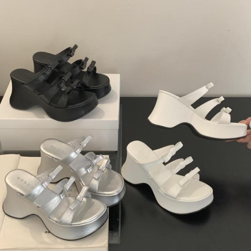 Silver Platform High Heeled Slipper Fashion Bow Party Open Toe Casual Sandals Summer Comfortable Non-Slip Beach Mule Shoe Female