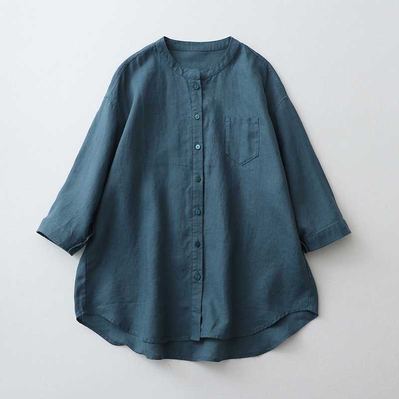 Linen Shirt Stand-up Collar Seven-quarter-sleeved White Shirt, Loose Large-size Sunscreen Shirt, Japanese Hemp Women's Clothing.