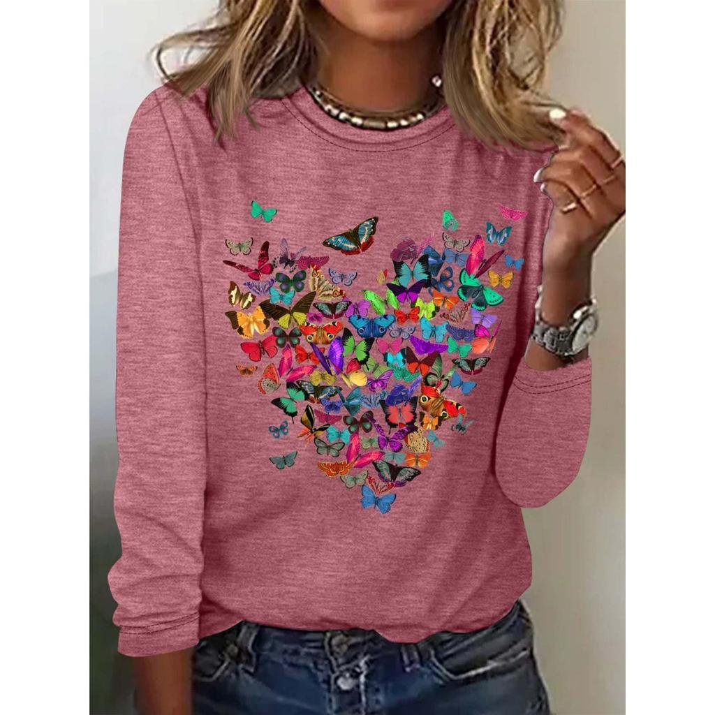 Round Neck 3D Printed Butterfly Pattern Top Fashionable Casual Long Sleeved Women's T-shirts