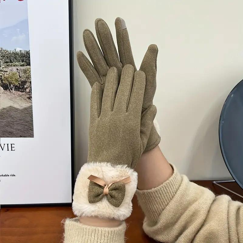 Women's Velvet Outdoor Cycling Bow Warm Gloves Windproof and Cold-proof Touch Screen Gloves