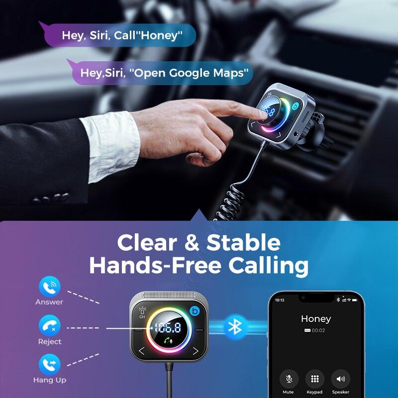 Bluetooth 5.3 FM/AUX Bluetooth Car Charger Adapter Air Vent Installation 3 Ports PD&QC 3.0 FM Bluetooth Car Transmitter