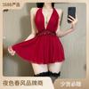 Sexy Female Deep V Open Placket Temptation Backless Design Perspective Double-layer Mesh Skirt Pendulum Sexy Neck Nightdress Loungewear