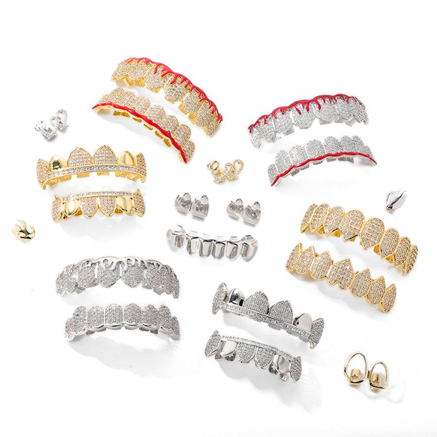 Hot Selling Halloween Hip Hop Grillz: Real Gold Plated Copper, Punk Zircon Paved, Big Gold Tooth Jewelry.