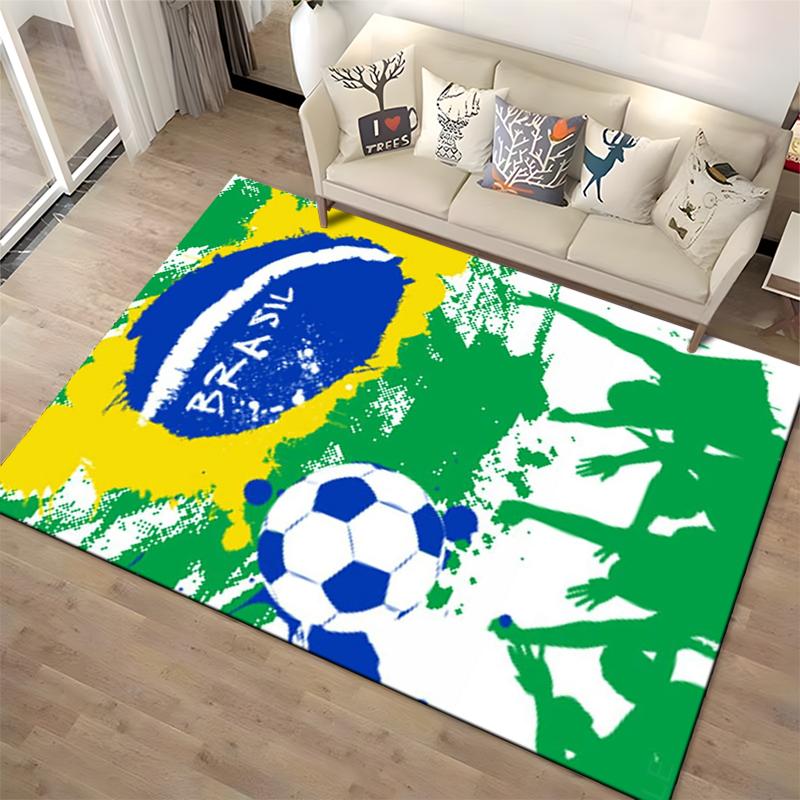 Fußballteppich inspiriert von der brasilianischen Flagge mit grünem, gelbem und blauem Design, geeignet als Antirutsch für Wohnzimmer, Schlafzimmer, Sofas