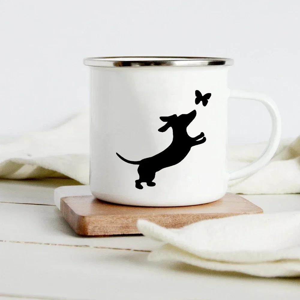 Lustiger Dackel-Druck Kreative Emaille-Tasse Kaffee-Weintassen Cartoon-Hunde Pfote Party-Getränk Bier Saft Milch Tassen Geschenke für Liebhaber Hund