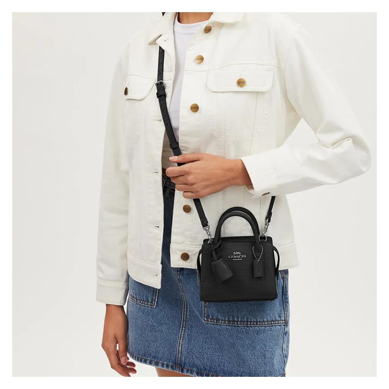 Coach Andrea 15 Logo Logo Internal Multi-Function Pocket Crocodile Embossed Leather Shoulder Crossbody Handbag Mini Women's Silver and Black