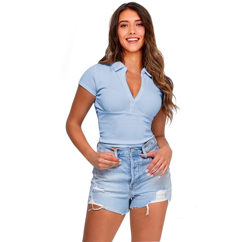 IHUASU Women's Fashion Casual Solid Color Print V-Neck Short Sleeve Blouses & Shirts