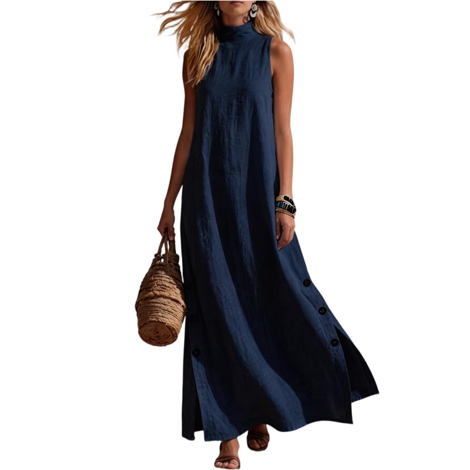 

Fashionable Women s Seaside Vacation Casual Color Cotton And Linen Sleeveless Side Slit Medium Length Dress S тёмно-синий