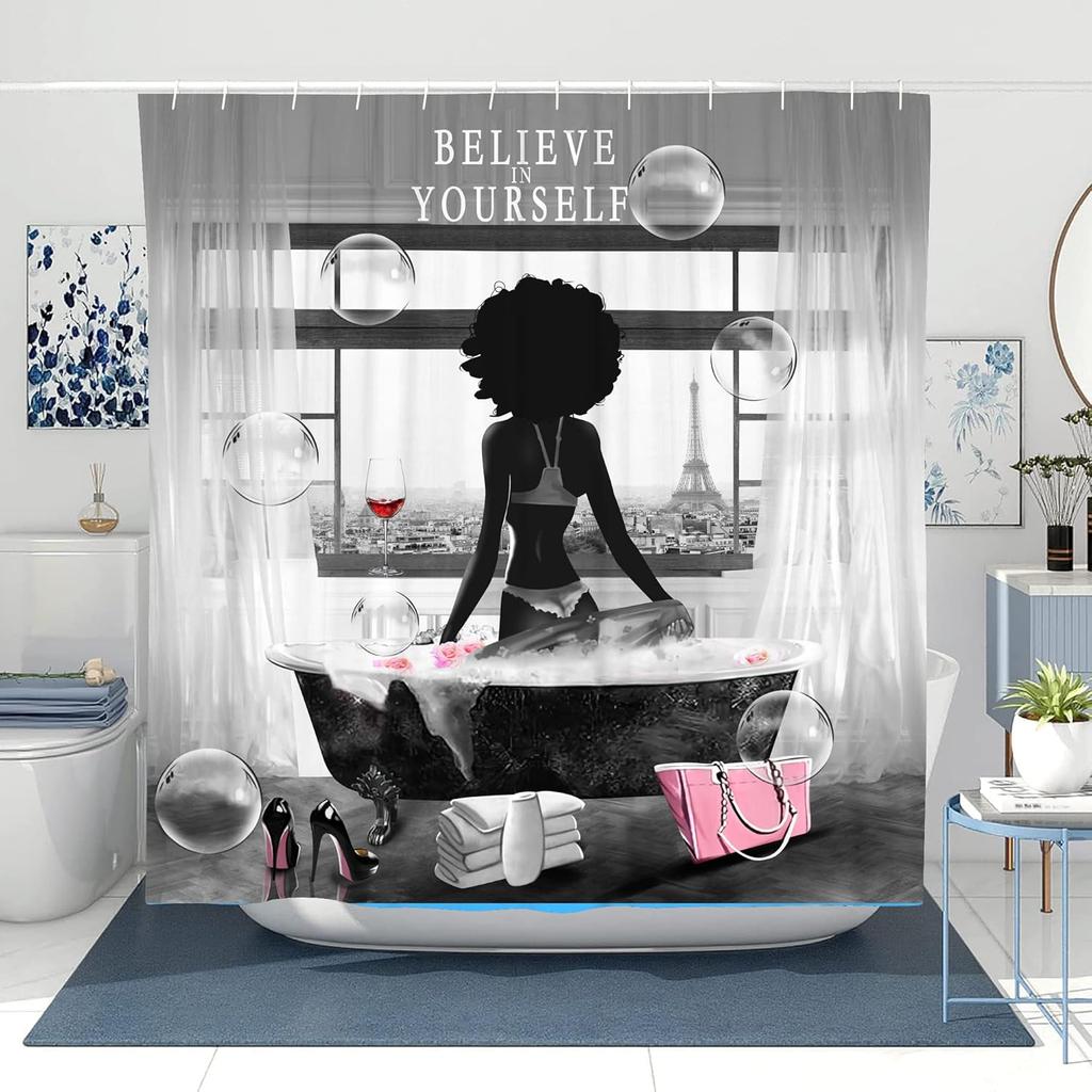 African American Girl Shower Curtain, "Believe In Yourself" Motivational Print, Sexy Heels Bubble Design, Waterproof Polyester
