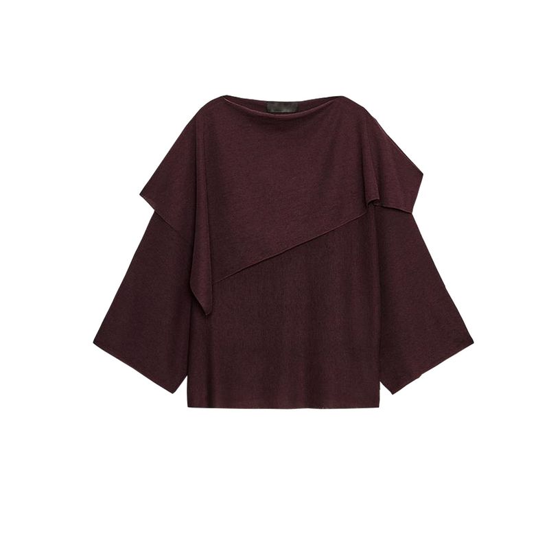 

Autumn New Women s Clothing Asymmetric Collar Wide Sleeve Design Plain Stitch Layer Drape Long Sleeves Tops 3456104 Eggplant purple L