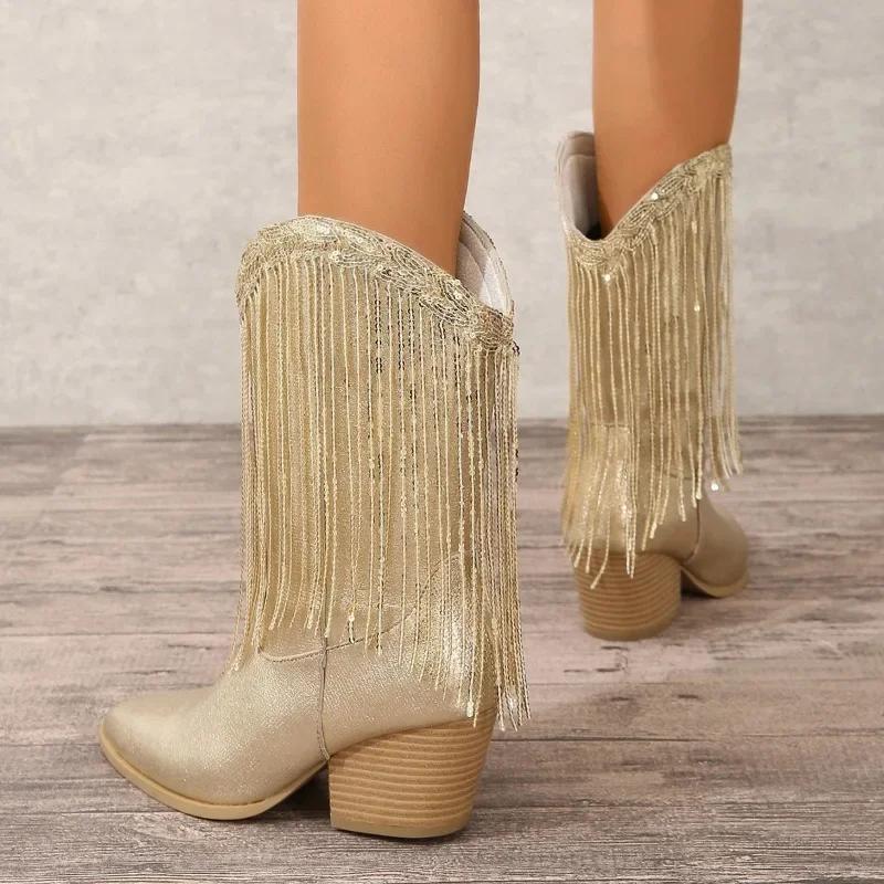 Schuhe für Damen 2026 Fransen Pailletten Design Mode Damenstiefel Bequemer Blockabsatz Moderne Stiefel Neue Goldene Plateau-Stiefel
