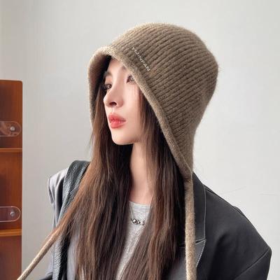 Damenmode Gestrickte Wollmütze - Einfarbig, Warme Kaninchenhaare, Ohrenschutz, Großer Kopfumfang