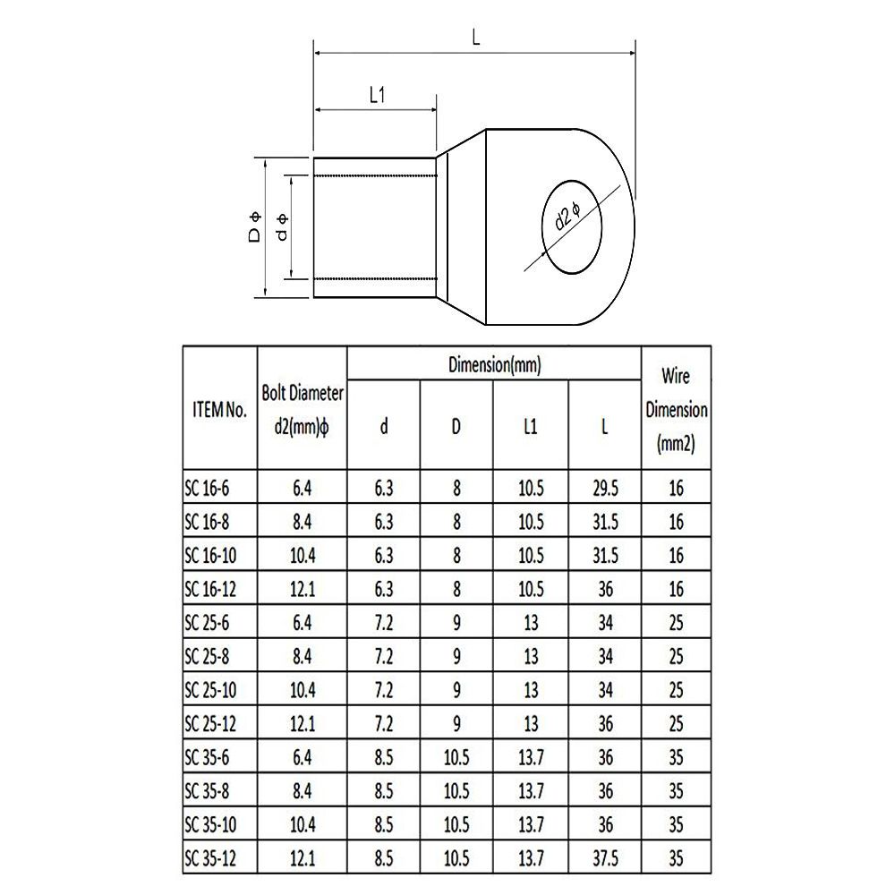10Pcs Wire Nose Terminal Crimp SC16-6 SC25-8 SC35-6 SC16-10 Cable Connector Kit Tinned Copper Bolt Hole Lugs Ring Terminal