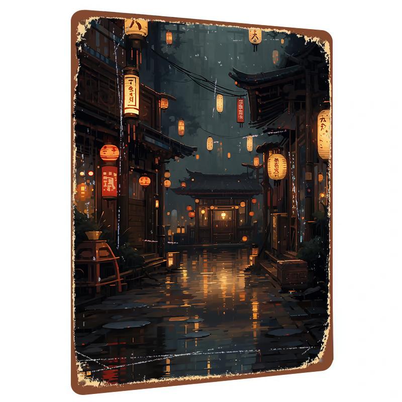 

Vintage Japanese Street Lantern Night Scene Metal Wall Art Decorative Hanging for Living Room Entrance 20x30cm（7.8x11.8inch）