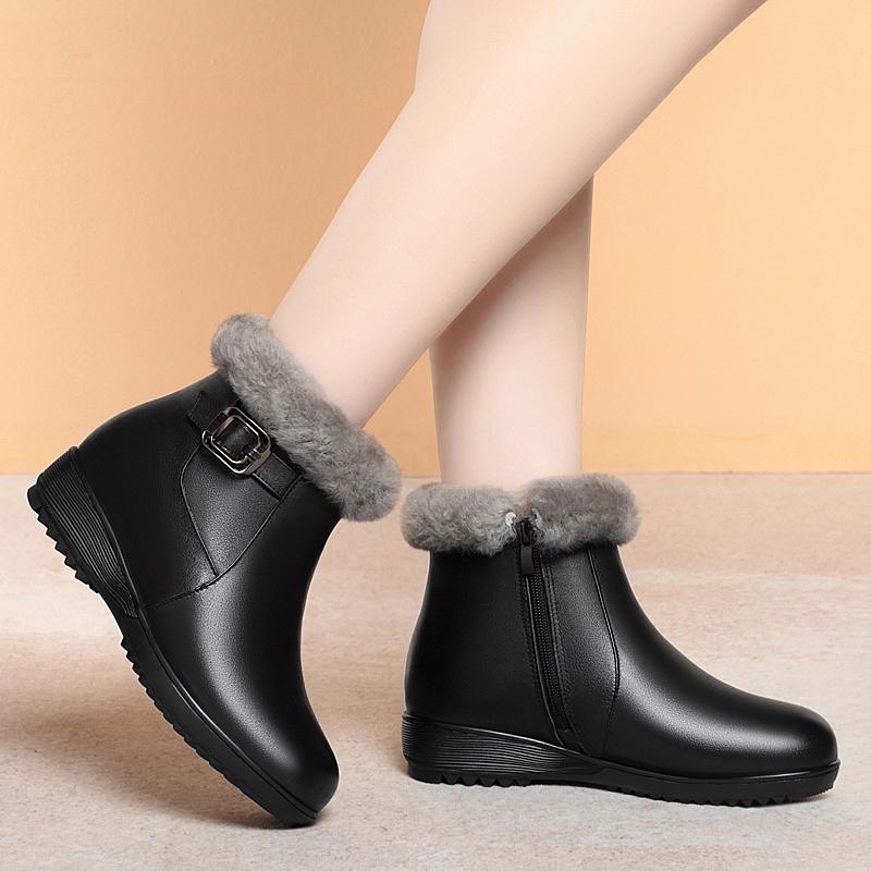 Mode AIYUQI Stiefeletten Damen 2025 Neu Echtes Leder Rutschfest Mama Schuhe Große Größe Keilabsatz Naturwolle Winter Damen Schneestiefel