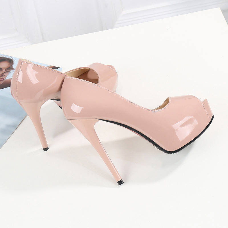 Fashion Women's Summer PU Leather Platform Pumps Peep-Toe Slip-On High Heels 12cm Thin Heel Shallow Solid Sexy Party Club Shoes