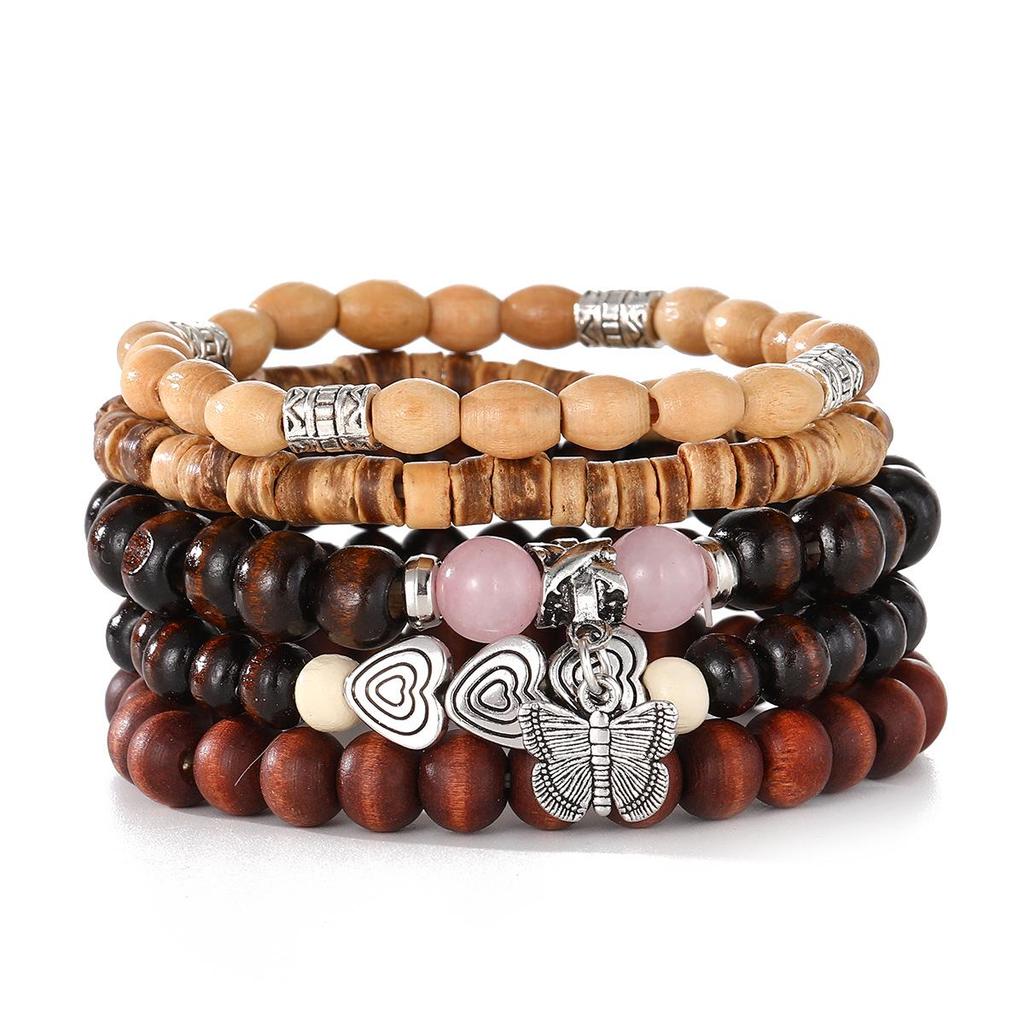 Boho Multi-Layer Kokosnussschale & Perlen Schmetterling Leder Armband Set für Männer