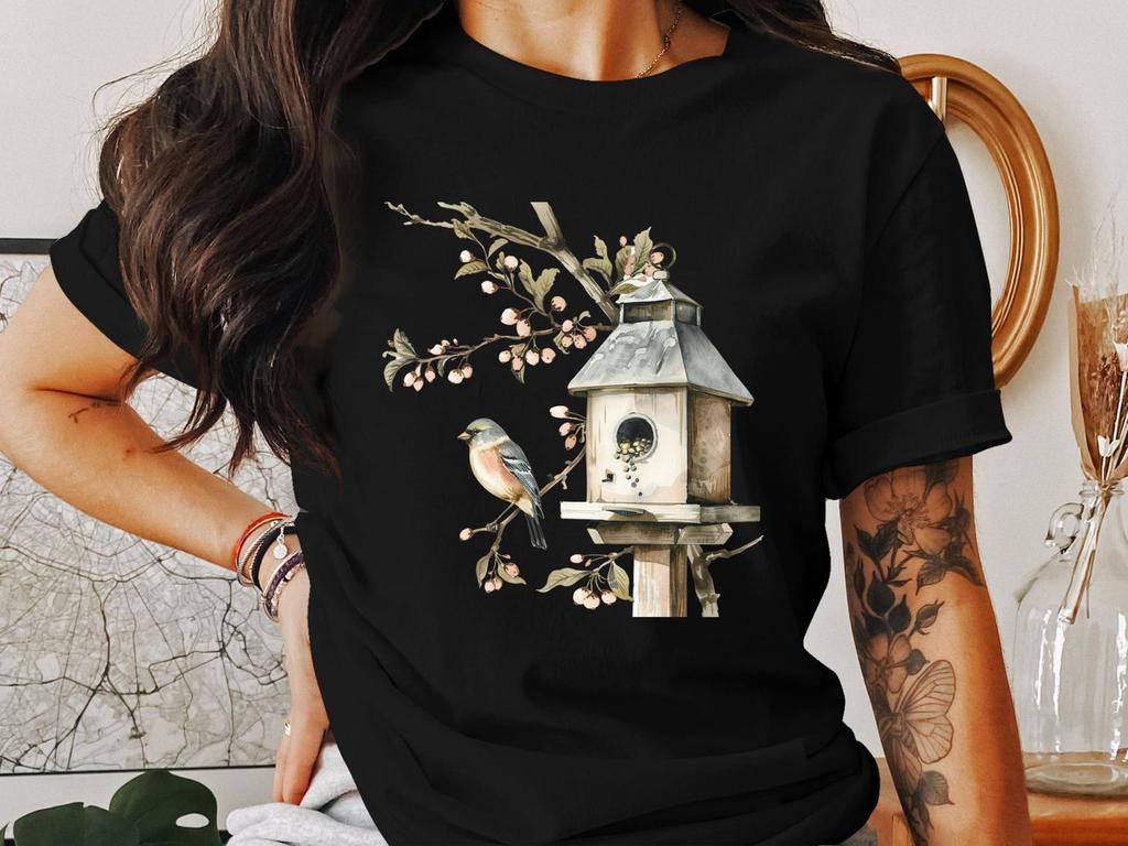 Birdhouse T-Shirts, Cottagecore Tees, Bird Lover Shirt, Watercolor Nature Print, Rustic Style Apparel, Springtime Garden Gift Idea