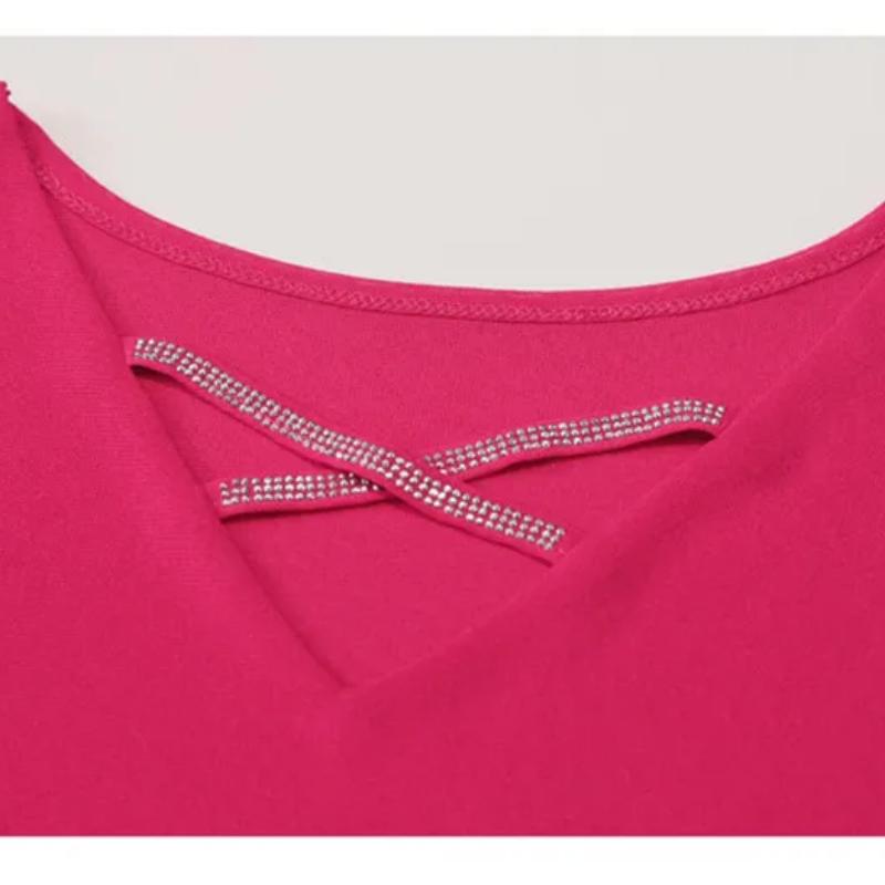 Summer European Clothes New Sexy V-neck Mesh T-shirt Hot Diamonds Women's Tops Fashion Flare Sleeve Tees