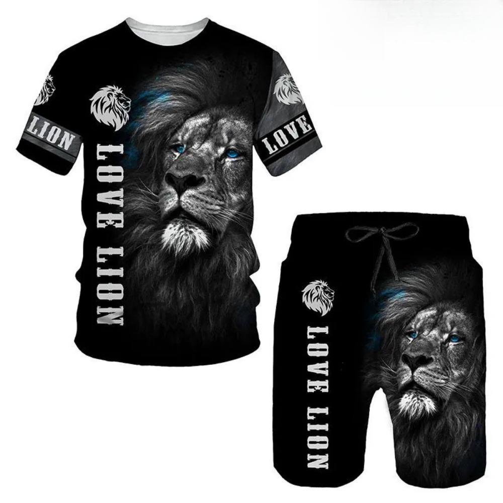Summer Round Neck 3D Animal Printed Set Fashionable and Casual Short Sleeved Shorts Men's Sport Wear