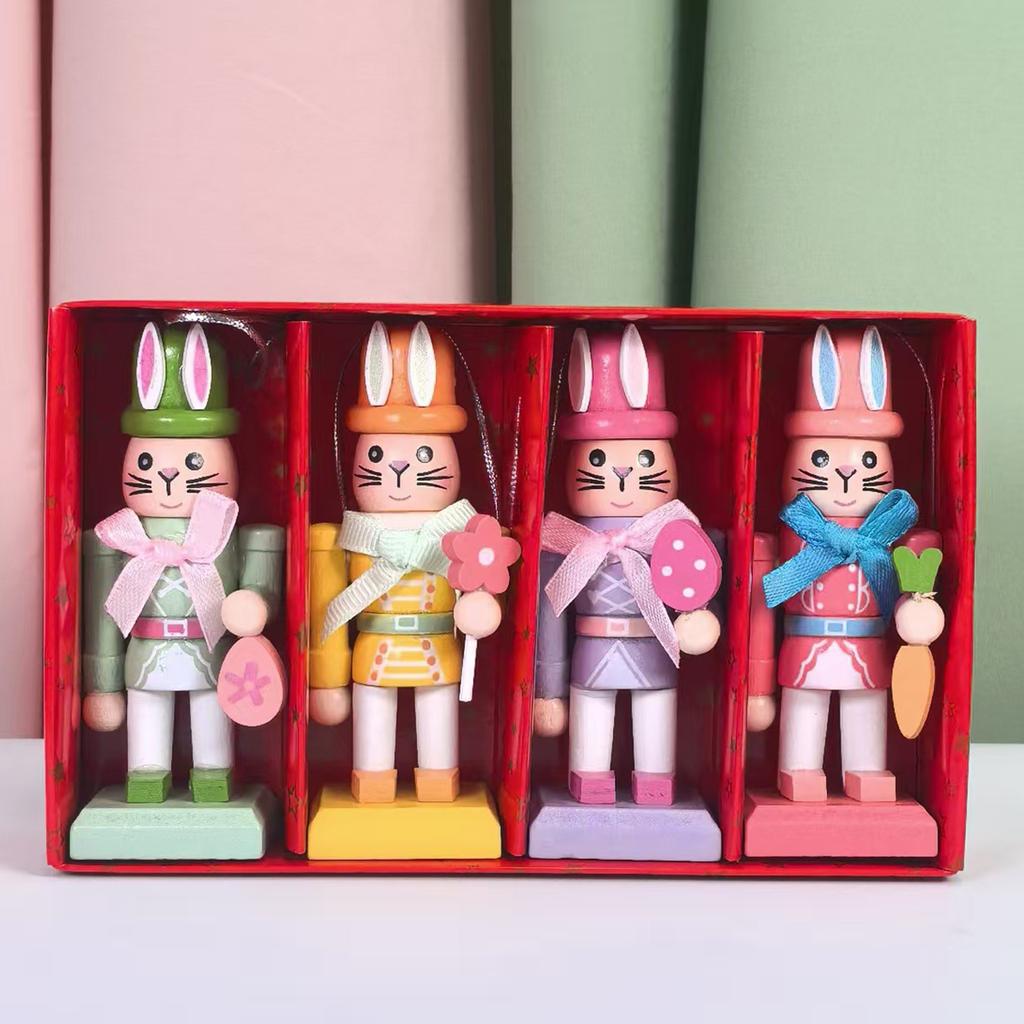 4Pcs Traditional Rabbit Wooden Nutcrackers 4 Inch Wooden Easter Nutcracker Figures for Spring Home Decor Collectible Gifts