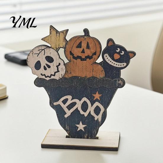 Natural Craftsmanship Gifts Cute Halloween Black Cat Pumpkin Skull Decor, Vintage Boo Wooden Sturdy Decorative Accents Signs, Tabletop Decoration for