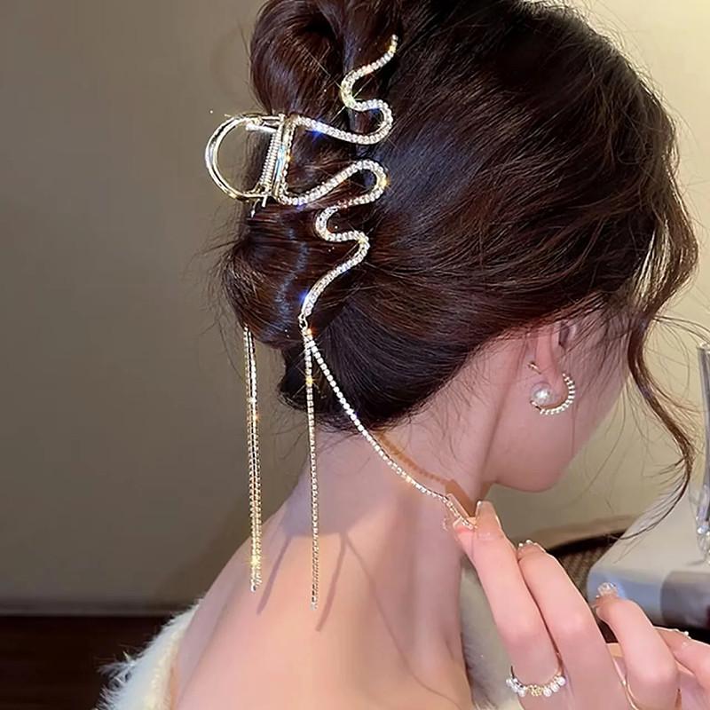 Retro Rhinestone Hair Claw For Women Fashion Metal Chain Tassel Hair Clip Crab Clamp Hairgrip Girls Hair Accessories Party Jewelry