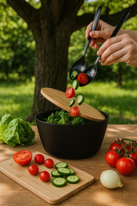 Black Bowl With Bamboo Lid Cutting Board 4L Salad Bowl