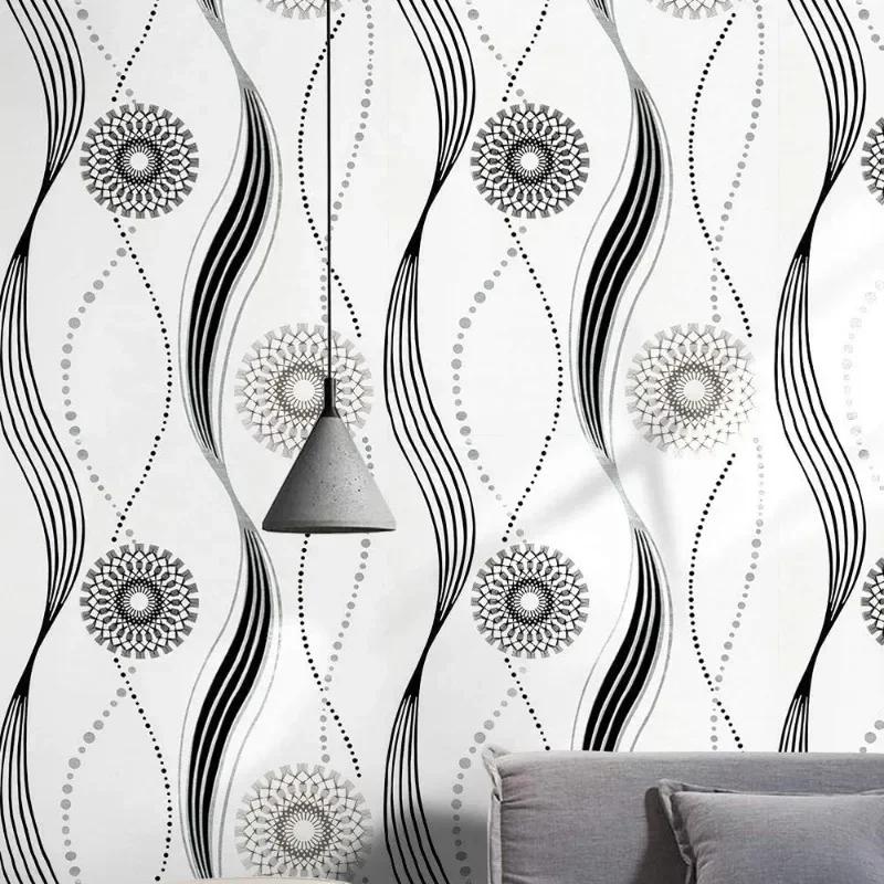 Peel and Stick Metalic Sliver/Black/White Stripes Floral Wallpaper Wall Decor Vinyl Self Adhesive Contact Paper Decor