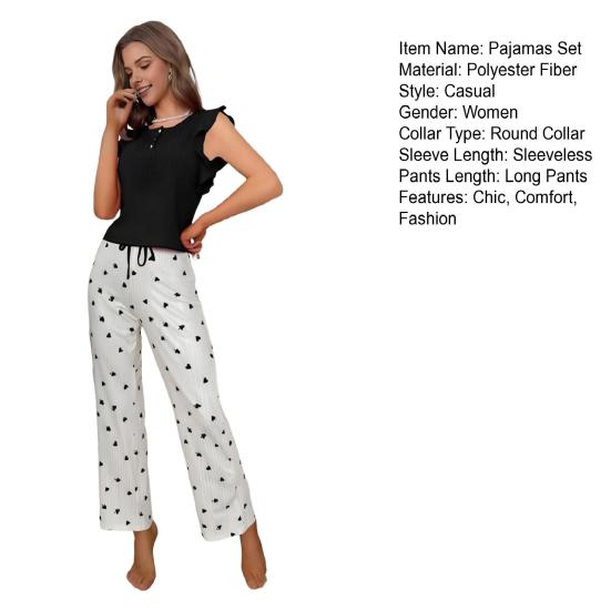 Women's Heart Print Pants Pajama Set Crewneck Ruffle Cap Sleeve And Long Pants 2 Piece Sleepwear Set Soft Lounge Pjs Set