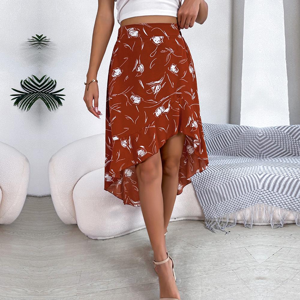 Dámské elegantní sukně jaro/léto květinové asymetrické volány s vysokým pasem