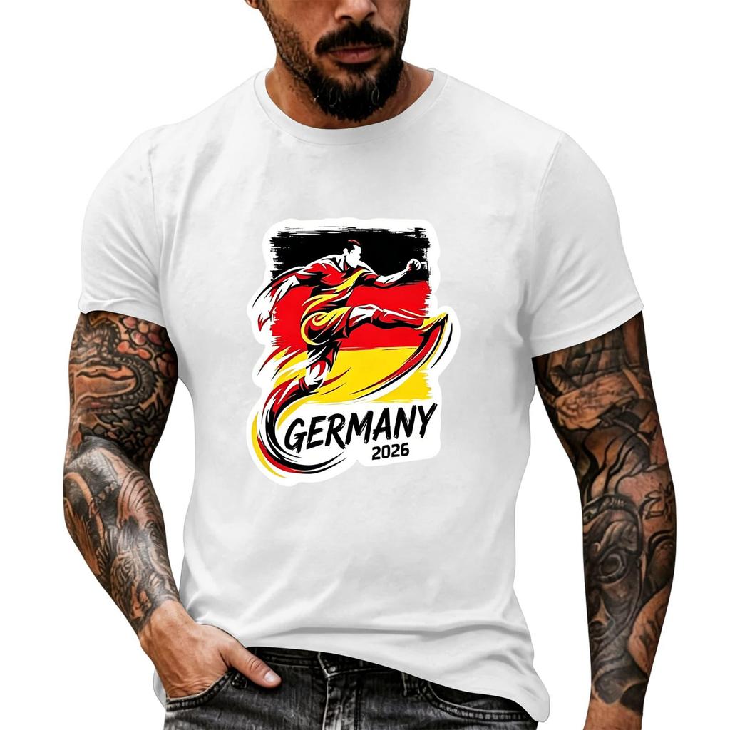 Short Sleeve Casual T Shirt with Graphic Print Soccer Player Illustration and Text Germany 2026 Soft Comfortable Fit for Everyday Wear