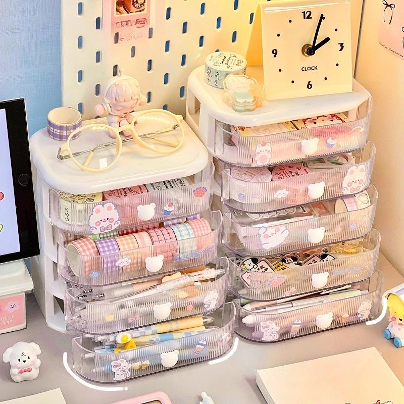 Desktop Storage Box Student Stationery Desk Multi-layer Organizer Clear Drawer with Cute Stickers Accessories Organizer Rack