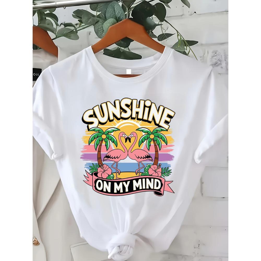 Women White T-Shirt Summer Vibes Tropical Beach Print Soft Cotton Short Sleeve Crew Neck Summer Daily Wear Tee