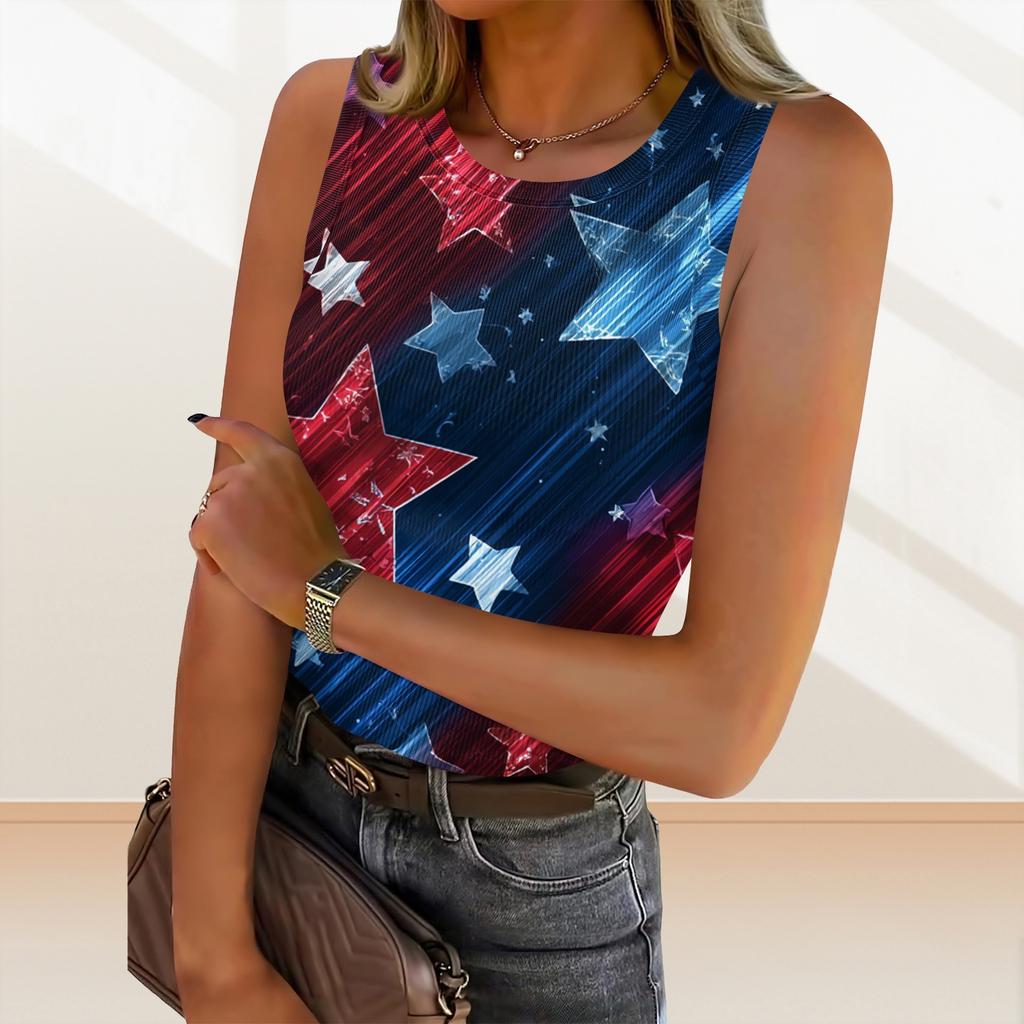 Women's Summer Fashionable Casual Independence Day Printed Round Neck Sleeveless Top Fitted Vest