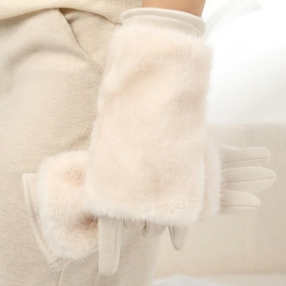 Solid Color Women Winter Gloves Rabbit Faux Fur Thermal Mittens Fashion Suede Gloves Sports