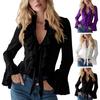 Women Shirt V-neck Ruffle Trim Flared Long Sleeve Casual Tops Pure Color Office Lady
