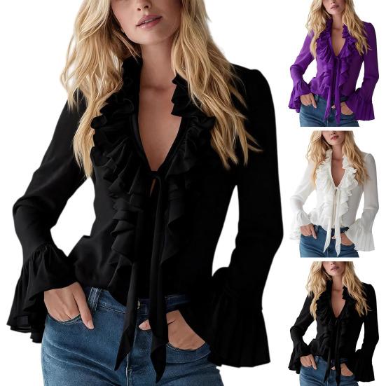 Women Shirt V-neck Ruffle Trim Flared Long Sleeve Casual Tops Pure Color Office Lady