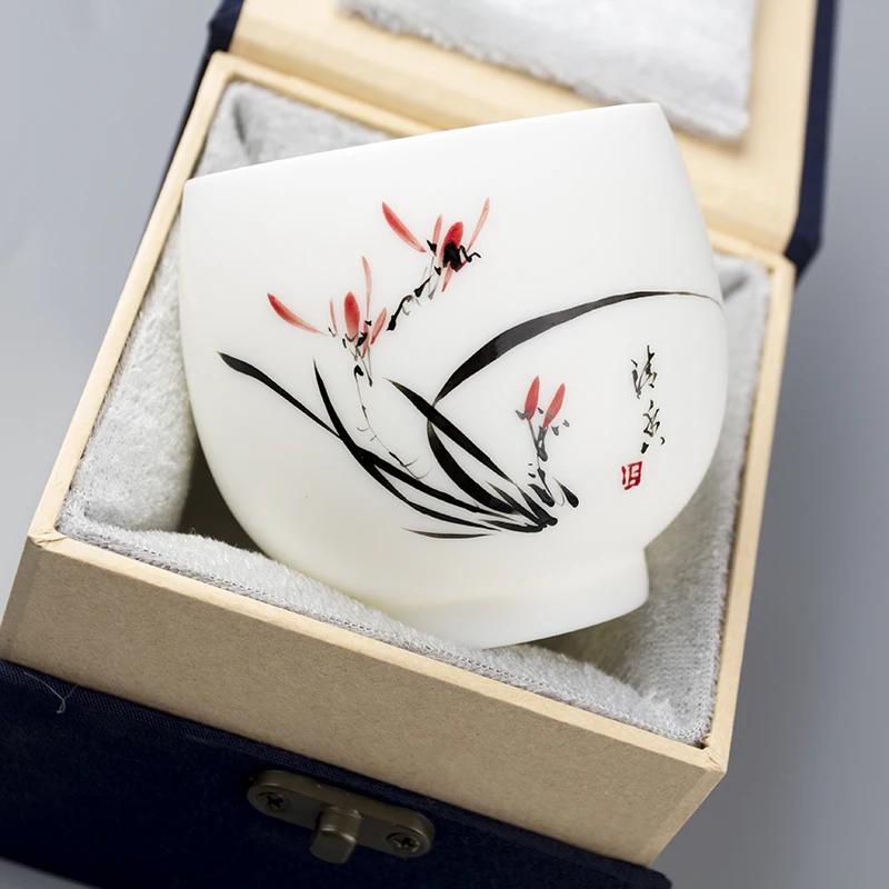 China Tea Cup Drinkware Teaware Tea Bowl Chinese Suet Jade Ceramic Hand Painted Flowers Plant  Water Mug Office Gift 200ml