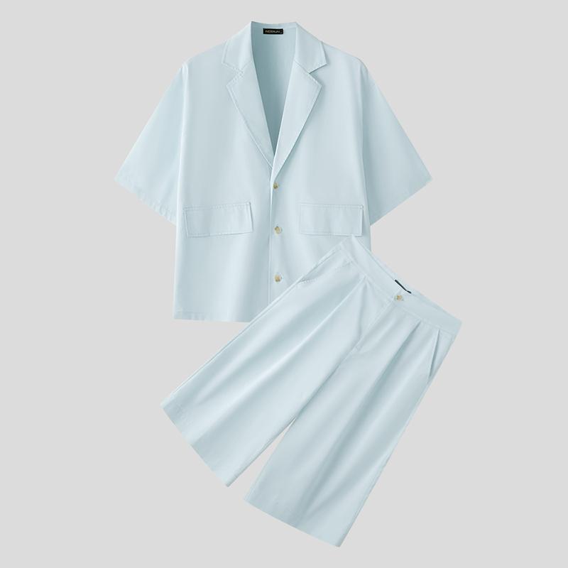 

INCERUN Костюм из двух частей, летние мужские рубашки с коротким рукавом, брюки-капри, комплекты одежды 5XL синий