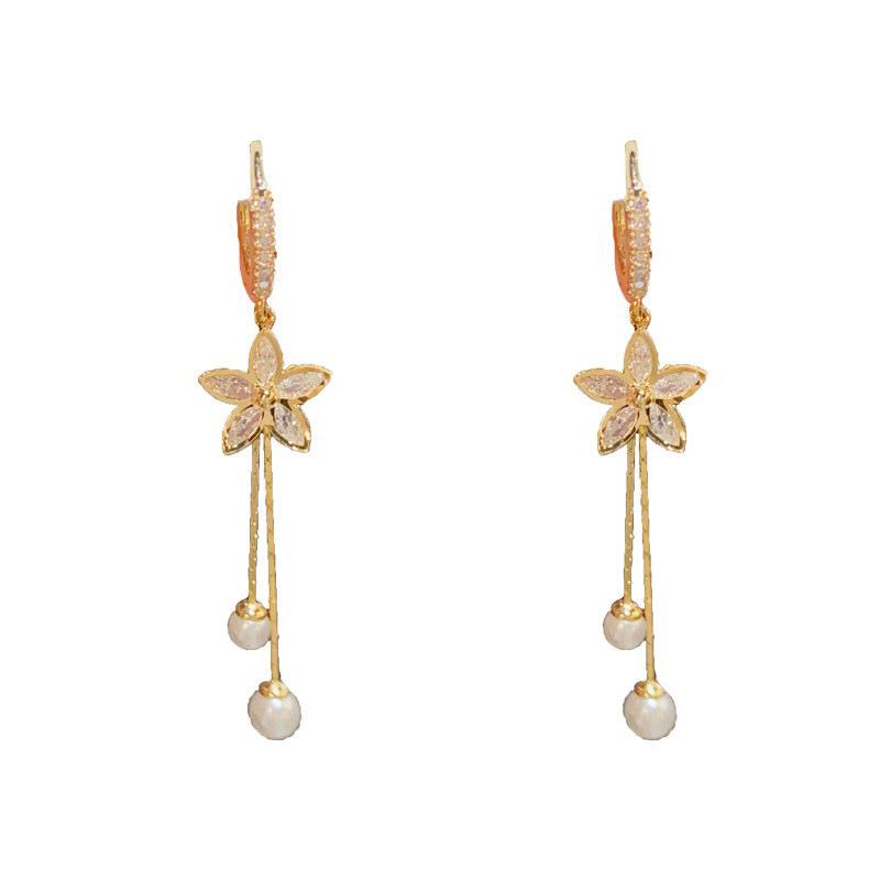 Women Elegant Zircon Flower Pearl Tassel Earrings Fashion Jewelry