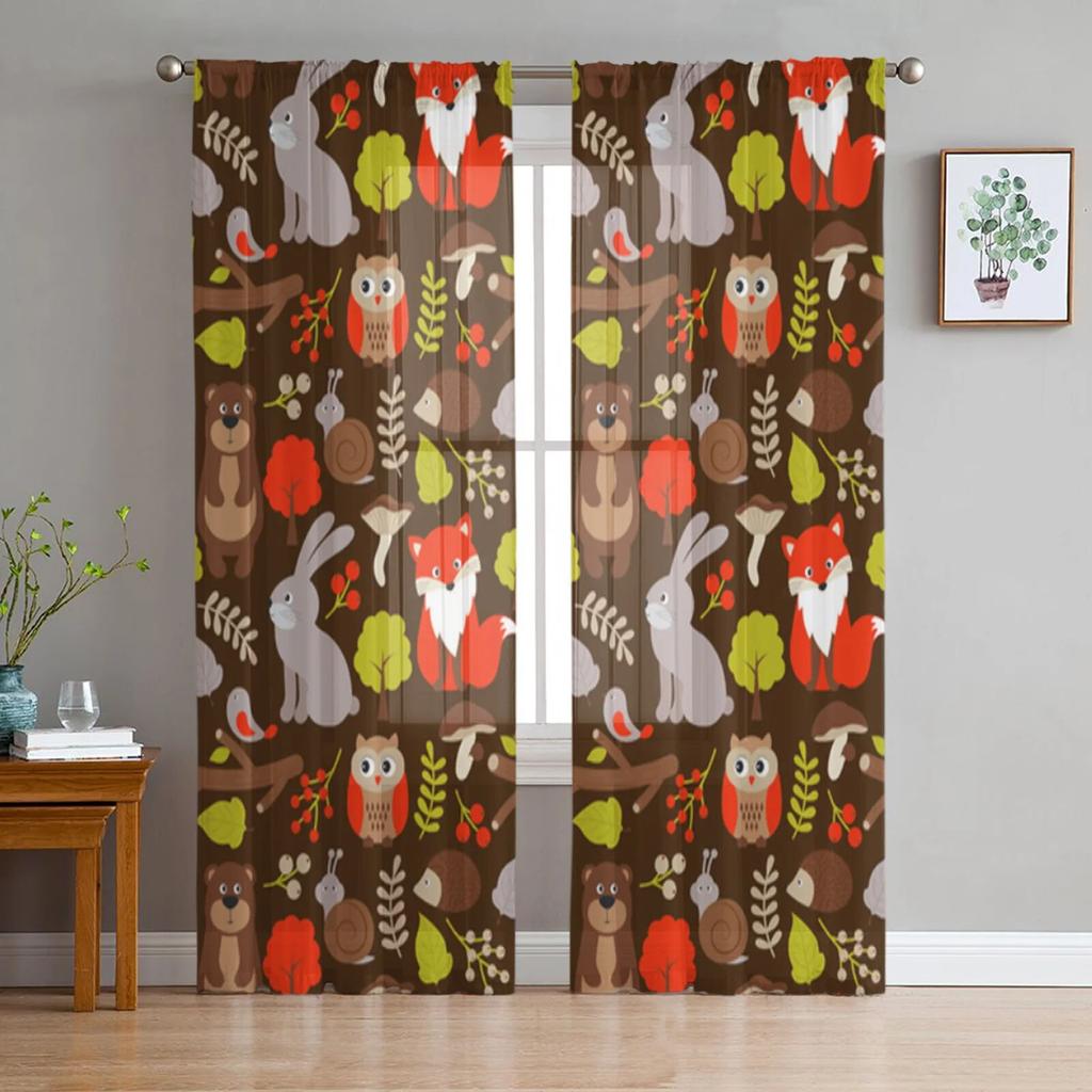 Window Cartoon Birch White Fox Curtains Living Room Tulle Curtains Kitchen Decor Kids Room Curtain Window Treatment