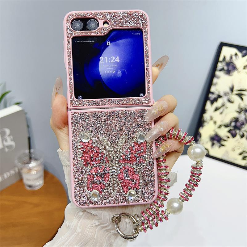 Tide Brand Glitter Is Suitable for Samsung ZFlip5 Mobile Phone Case, Folding Rhinestone Bow Zflip4/3 Portable Protective Case.