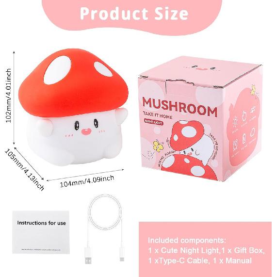 Hug Mushroom Lamp, Cute Mushroom Night Light, 2 Levels Dimmable Night, LED Squishy Night Light for Kids Sleep, Rechargeable Bedside Touch Silicone