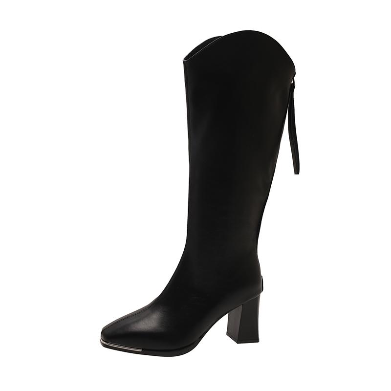 Fashion 2024 Winter Knee-High Boots for Women Square Toe Knight Boots Split Leather Women Shoes High Heels Concise Boots Botas De Mujer