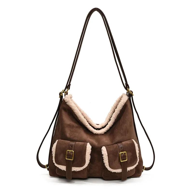

Жіноча жіноча сумка на плече з PU шкіри з подвійними кишенями, зимовий тренд 2024, нові плюшеві сумки Y2K, жіночі сумки через плече кавовий